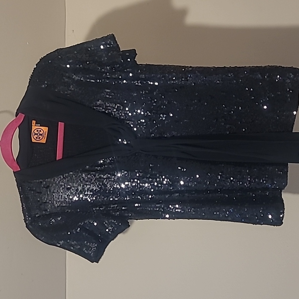 Tory Burch short sleeve sequence top with tie szm